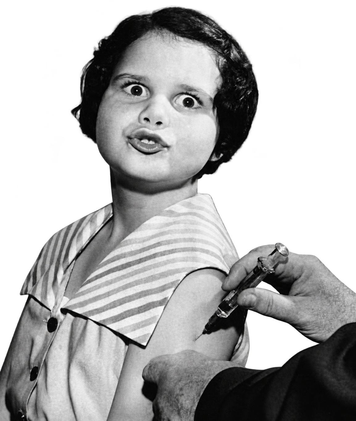 Girl receiving an injection, with the vaccinator’s hands visible